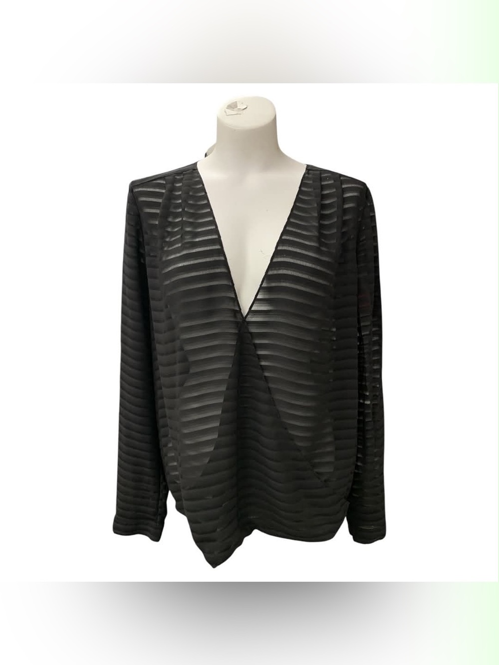 Mexx Black Sheer Striped Long Sleeve V-Neck Top Size L